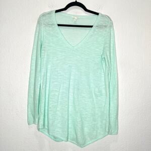 Eileen Fisher Organic Linen & Cotton Tape V Neck Sweater Tunic XS Teal Relaxed